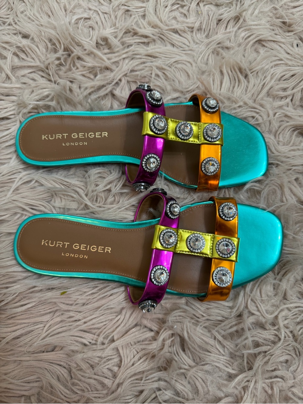 Kurt Geiger Metallic Turquoise Multi-Jeweled Slide Sandals